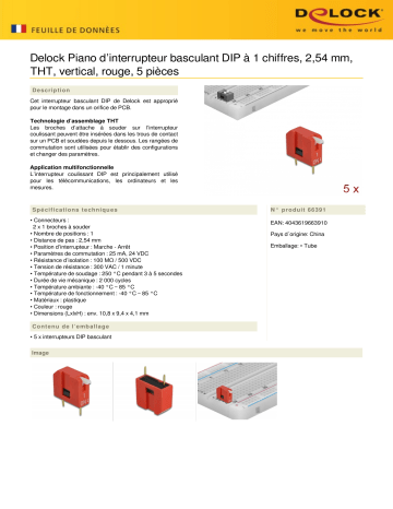 DeLOCK 66391 DIP flip switch piano 1-digit 2.54 mm pitch THT vertical red 5 pieces Fiche technique | Fixfr