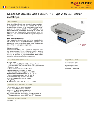 DeLOCK 54073 USB 3.2 Gen 1 USB-C™ + Type-A Memory Stick 16 GB - Metal Housing Fiche technique | Fixfr