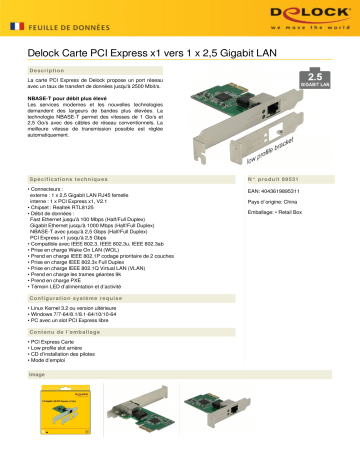 DeLOCK 89531 PCI Express x1 Card 1 x RJ45 2.5 Gigabit LAN RTL8125 Fiche technique | Fixfr