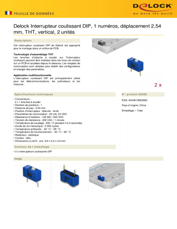 DeLOCK 66368 DIP sliding switch 1-digit 2.54 mm pitch THT vertical blue 2 pieces Fiche technique | Fixfr