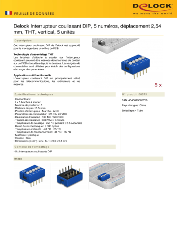 DeLOCK 66375 DIP sliding switch 5-digit 2.54 mm pitch THT vertical blue 5 pieces Fiche technique | Fixfr