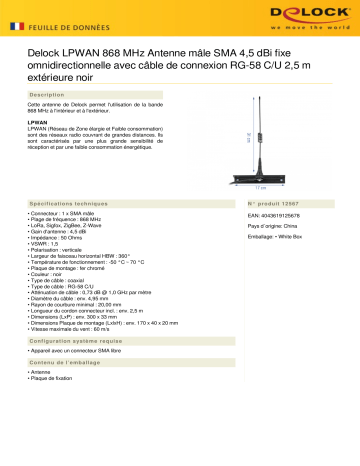 DeLOCK 12567 LPWAN 868 MHz Antenna SMA plug 4.5 dBi fixed omnidirectional Fiche technique | Fixfr