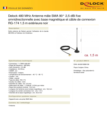 DeLOCK 89615 480 MHz Antenna SMA plug 90° 2.5 dBi fixed omnidirectional Fiche technique | Fixfr