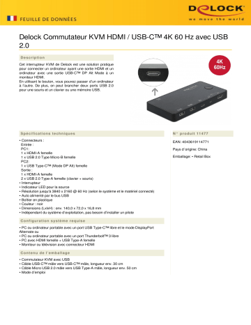 DeLOCK 11477 HDMI / USB-C™ KVM Switch 4K 60 Hz Fiche technique | Fixfr