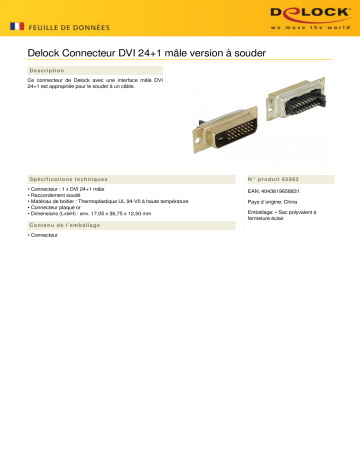 DeLOCK 65883 Connector DVI 24+1 male soldering version Fiche technique | Fixfr