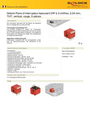 DeLOCK 66394 DIP flip switch piano 3-digit 2.54 mm pitch THT vertical red 5 pieces Fiche technique | Fixfr