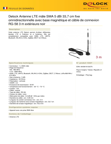 DeLOCK 12427 LTE Antenna SMA plug 5 dBi 33.7 cm fixed omnidirectional Fiche technique | Fixfr