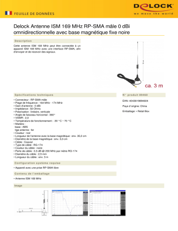 DeLOCK 89460 ISM 169 MHz Antenna RP-SMA male 0 dBi omnidirectional Fiche technique | Fixfr