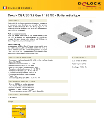 DeLOCK 54072 USB 3.2 Gen 1 Memory Stick 128 GB - Metal Housing Fiche technique | Fixfr