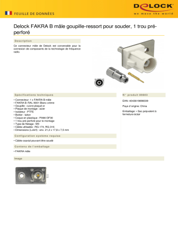 DeLOCK 89803 FAKRA B plug spring pin for soldering 1 prepunched hole Fiche technique | Fixfr