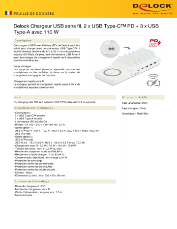 DeLOCK 41450 USB and Wireless Charger 2 x USB Type-C™ PD + 3 x USB Type-A Fiche technique | Fixfr