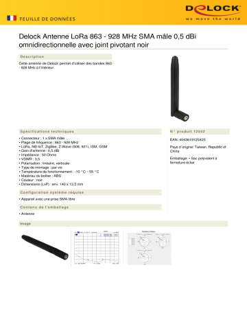 DeLOCK 12542 LoRa Antenna 863 - 928 MHz SMA plug 0.5 dBi omnidirectional Fiche technique | Fixfr