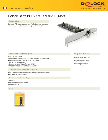 DeLOCK 88316 PCI Card > 1 x LAN 10/100 Mb/s Fiche technique | Fixfr