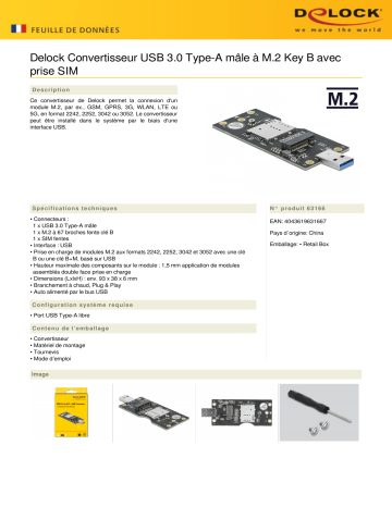 DeLOCK 63166 USB 3.0 Converter Type-A male to M.2 Key B Fiche technique | Fixfr