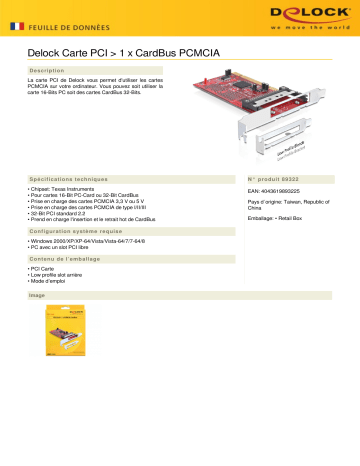 DeLOCK 89322 PCI Card > 1 x PCMCIA CardBus Fiche technique | Fixfr