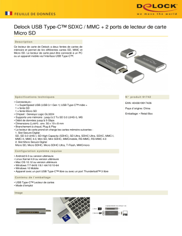 DeLOCK 91742 USB Type-C™ SDXC / MMC + Micro SD 2 Slot Card Reader Fiche technique | Fixfr