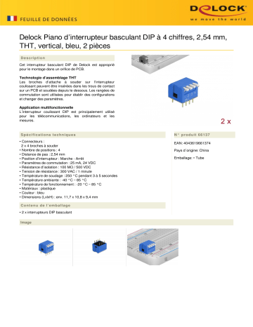 DeLOCK 66137 DIP flip switch piano 4-digit 2.54 mm pitch THT vertical blue 2 pieces Fiche technique | Fixfr