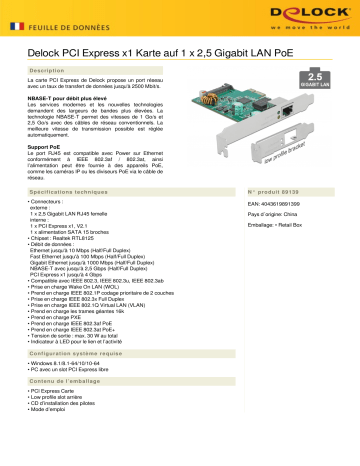DeLOCK 89139 PCI Express x1 Karte 1 x RJ45 2,5 Gigabit LAN PoE+ RTL8125 Fiche technique | Fixfr