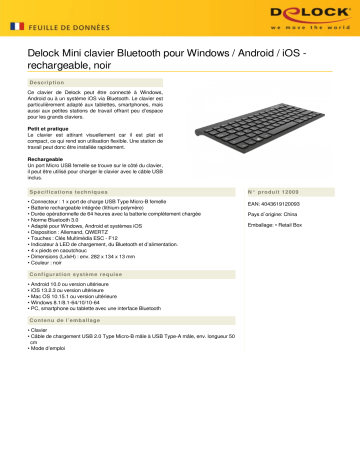 DeLOCK 12009 Bluetooth Mini Keyboard for Windows / Android / iOS - rechargeable black Fiche technique | Fixfr