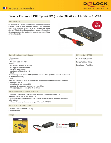 DeLOCK 87730 USB Type-C™ Splitter (DP Alt Mode) > 1 x HDMI + 1 x VGA out Fiche technique | Fixfr