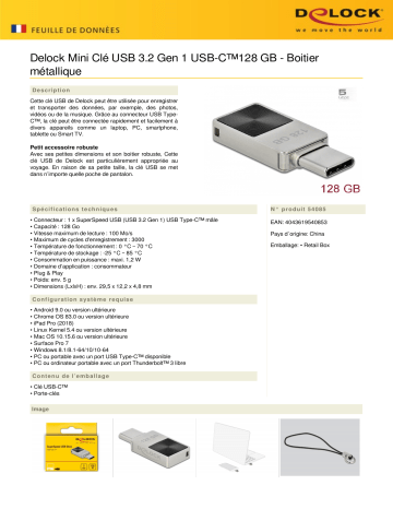 DeLOCK 54085 Mini USB 3.2 Gen 1 USB-C™ Memory Stick 128 GB - Metal Housing Fiche technique | Fixfr