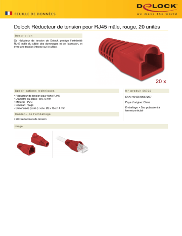 DeLOCK 86725 Strain relief for RJ45 plug red 20 pieces Fiche technique | Fixfr