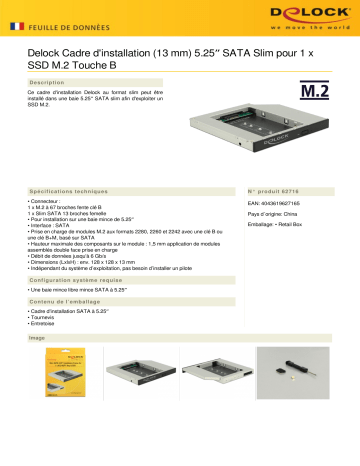 DeLOCK 62716 Slim SATA 5.25″ Installation Frame (13 mm) for 1 x M.2 SSD Key B Fiche technique | Fixfr
