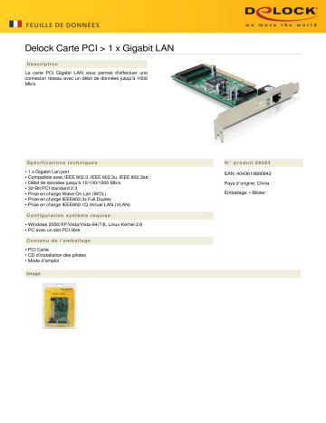 DeLOCK 89084 PCI Card > 1 x Gigabit LAN Fiche technique | Fixfr