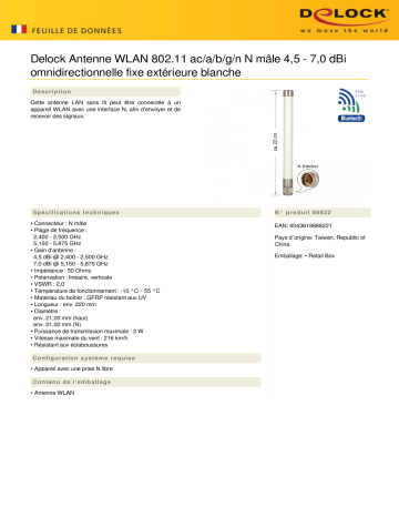 DeLOCK 88822 WLAN 802.11 ac/a/b/g/n Antenna N plug 4.5 - 7.0 dBi 22 cm omnidirectional fixed outdoor white Fiche technique | Fixfr