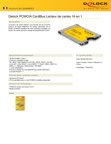 DeLOCK 91481 PCMCIA CardBus Card Reader 16 in 1 Fiche technique | Fixfr