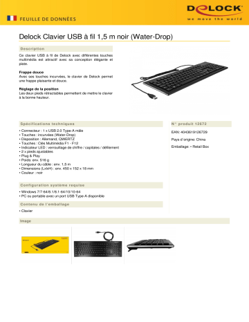 DeLOCK 12672 USB Keyboard wired 1.5 m black (Water-Drop) Fiche technique | Fixfr