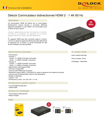 DeLOCK 18749 HDMI 2 - 1 Switch bidirectional 4K 60 Hz Fiche technique | Fixfr