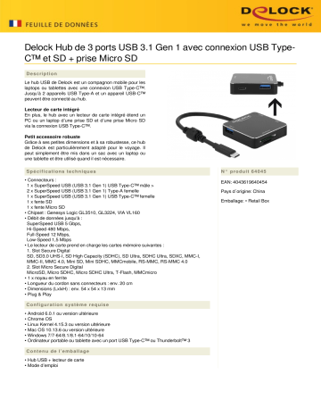 DeLOCK 64045 3 Port USB 3.1 Gen 1 Hub Fiche technique | Fixfr
