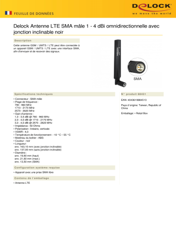 DeLOCK 88451 LTE Antenna SMA plug 1 - 4 dBi omnidirectional Fiche technique | Fixfr