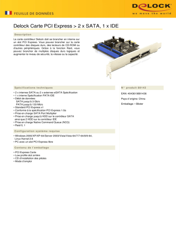 DeLOCK 89143 PCI Express Card > 2 x SATA, 1 x IDE Fiche technique | Fixfr