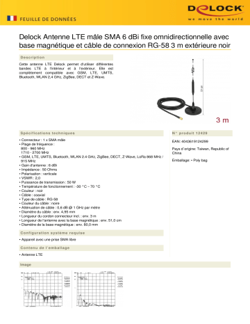 DeLOCK 12429 LTE Antenna SMA plug 6 dBi fixed omnidirectional Fiche technique | Fixfr