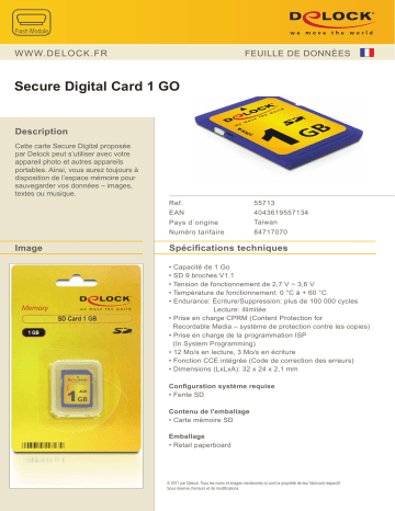 DeLOCK 55713 Secure Digital Card 1 GB Fiche technique | Fixfr