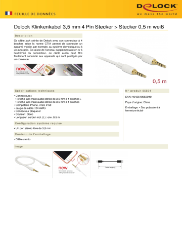 DeLOCK 85594 Klinkenkabel 3,5 mm 4 Pin Stecker > Stecker 0,5 m weiß Fiche technique | Fixfr