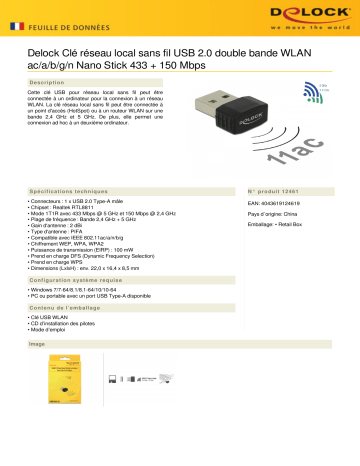 DeLOCK 12461 USB 2.0 Dual Band WLAN ac/a/b/g/n Nano Stick 433 + 150 Mbps Fiche technique | Fixfr