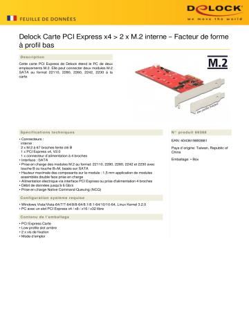 DeLOCK 89388 PCI Express x4 Card > 2 x internal M.2 – Low Profile Form Factor Fiche technique | Fixfr