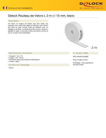 DeLOCK 18386 Velcro tape on roll L 2 m x W 15 mm white Fiche technique | Fixfr