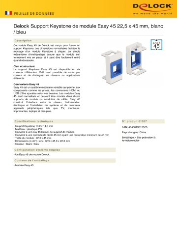 DeLOCK 81357 Easy 45 Module Keystone Holder 22.5 x 45 mm, white / blue Fiche technique | Fixfr