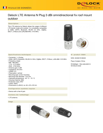 DeLOCK 12604 LTE Antenna N Plug 3 dBi omnidirectional fix roof mount outdoor Fiche technique | Fixfr