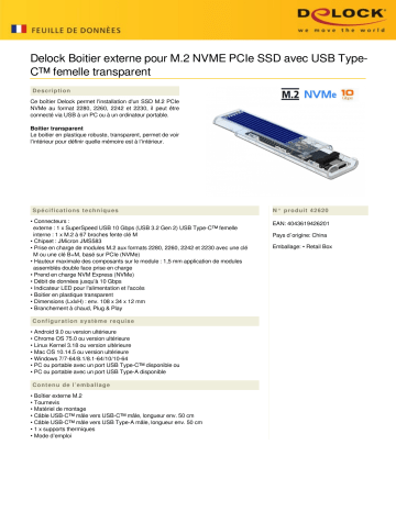 DeLOCK 42620 External Enclosure for M.2 NVME PCIe SSD Fiche technique | Fixfr