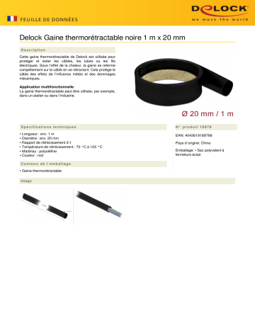 DeLOCK 18978 Heat Shrink Tube 1 m x 20 mm black Fiche technique | Fixfr