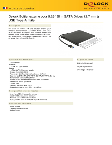 DeLOCK 42602 External Enclosure for 5.25″ Slim SATA Drives 12.7 mm to USB Type-A male Fiche technique | Fixfr