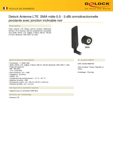 DeLOCK 88978 LTE Antenna SMA plug 0.5 - 3 dBi omnidirectional rotatable Fiche technique | Fixfr