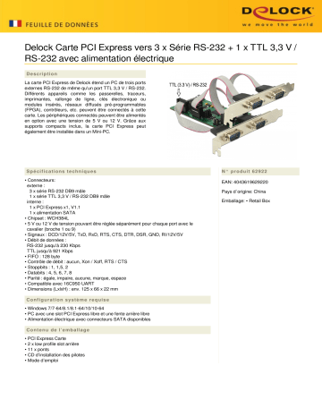 DeLOCK 62922 PCI Express Card to 3 x Serial RS-232 + 1 x TTL 3.3 V / RS-232 Fiche technique | Fixfr