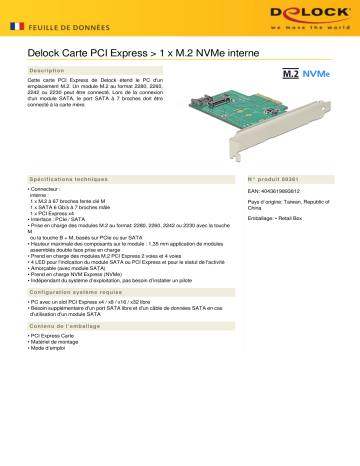 DeLOCK 89381 PCI Express Card > 1 x internal NVMe M.2 Fiche technique | Fixfr