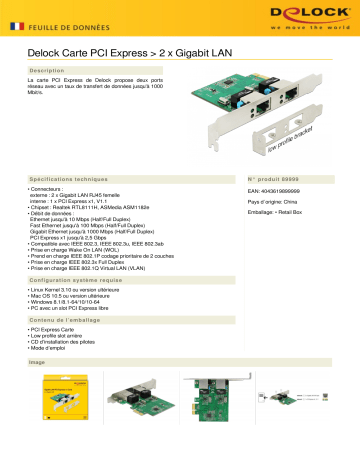 DeLOCK 89999 PCI Express x1 Card 2 x RJ45 Gigabit LAN RTL8111 Fiche technique | Fixfr